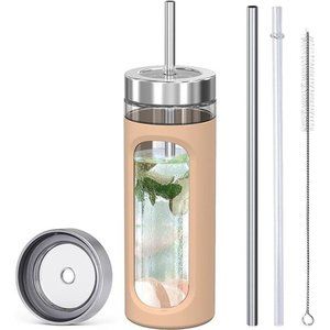 Glass tumbler with straw and lid20oz Glass Smoothie Cup with Silicone Protective